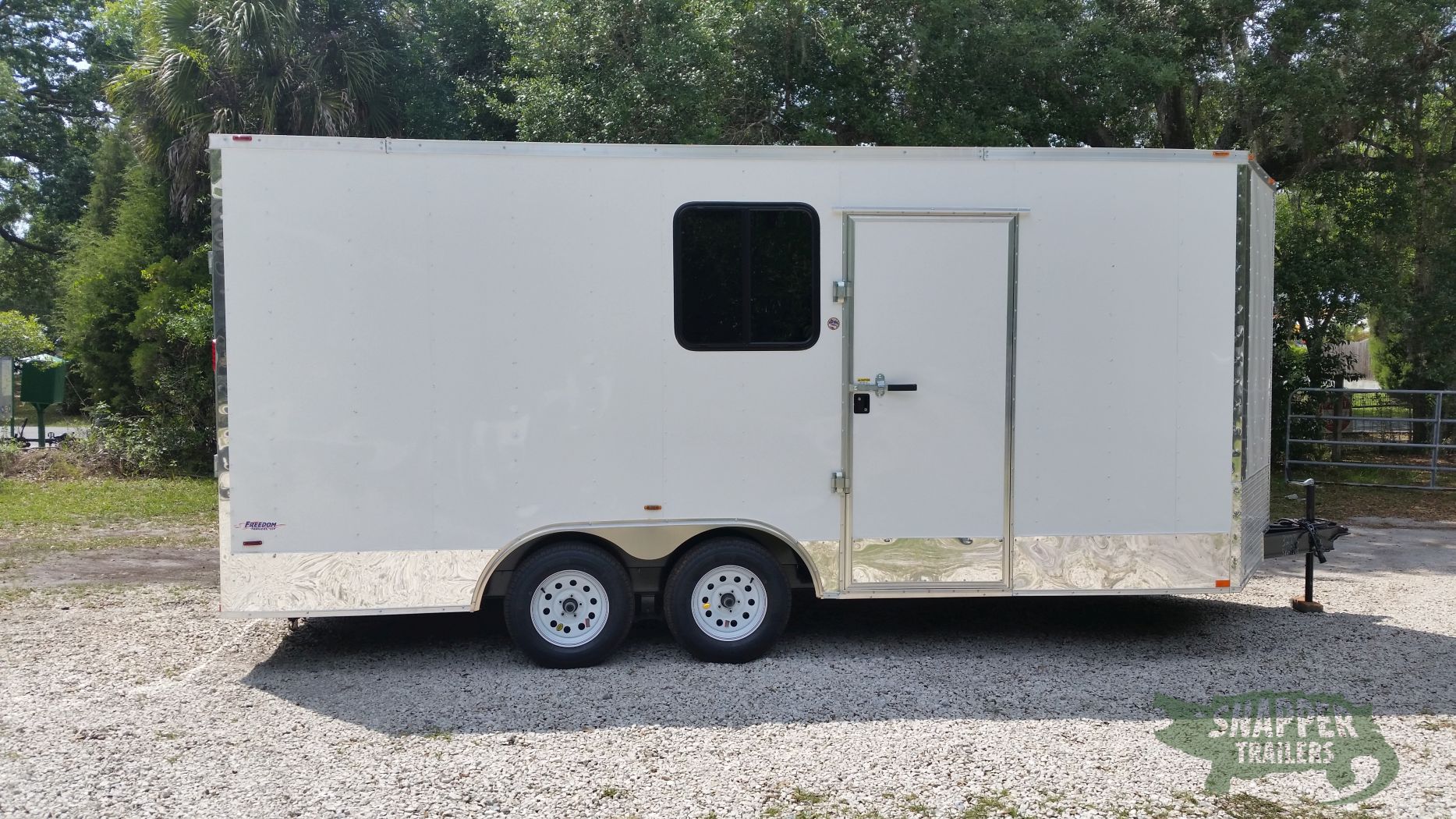 Freedom Trailers Custom 8.5x18 TA Trailer - White, Ramp, Side Door, D-Rings, Electrical Package, E-Track, and Much More