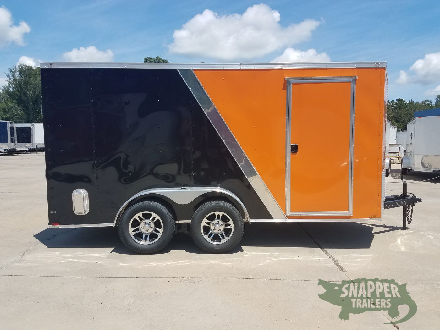Quality Cargo 7x14 TA Trailer - Orange and Black, Ramp, Side Door, Extra Height, Side Vents and Mag Wheels