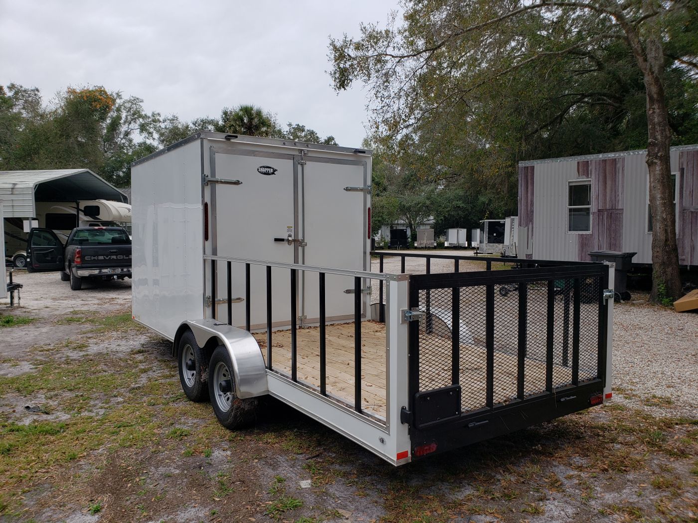 7x20 TA Trailer White, Barn Doors, Side Door, Extra Height, Hybrid